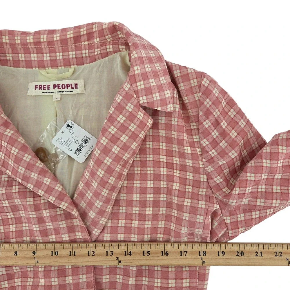 Free People Olivia Gingham Blazer M Pink Plaid Double Breasted Belted